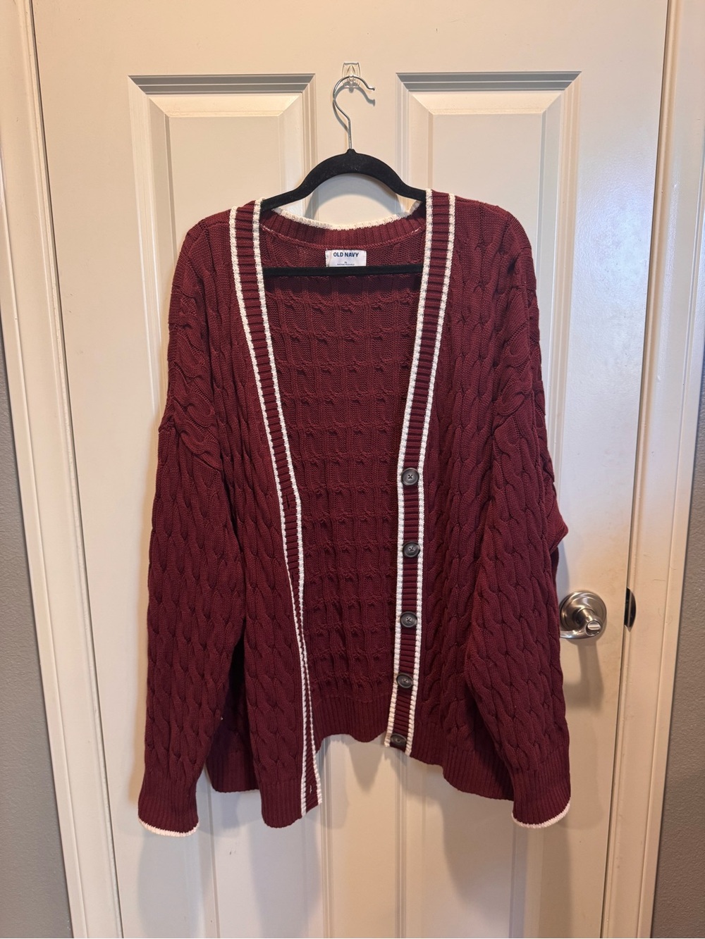 Old Navy Cable Knit Cardigan with White Trim - Maroon